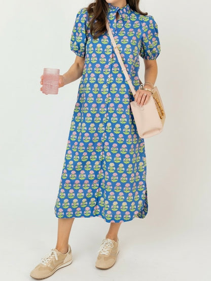 Floral Print Ruffled Neck Short Puff Sleeves Maxi Dress