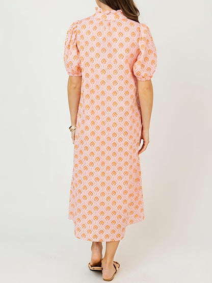 Printed Ruffle Collar Puff Sleeve Maxi Dress