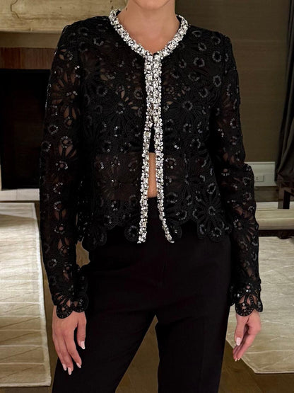 Rhinestone Sequin Adorned Crochet Lace Cardigan