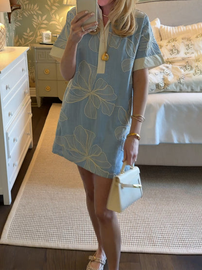 Floral Embroidered Spread Collar Short Sleeve Mini Dress