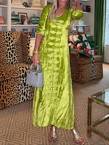 Embroidered V Neck Elegant Velvet Dress