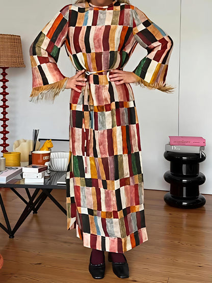 Tassel-Trim Cuff Printed Maxi Dress