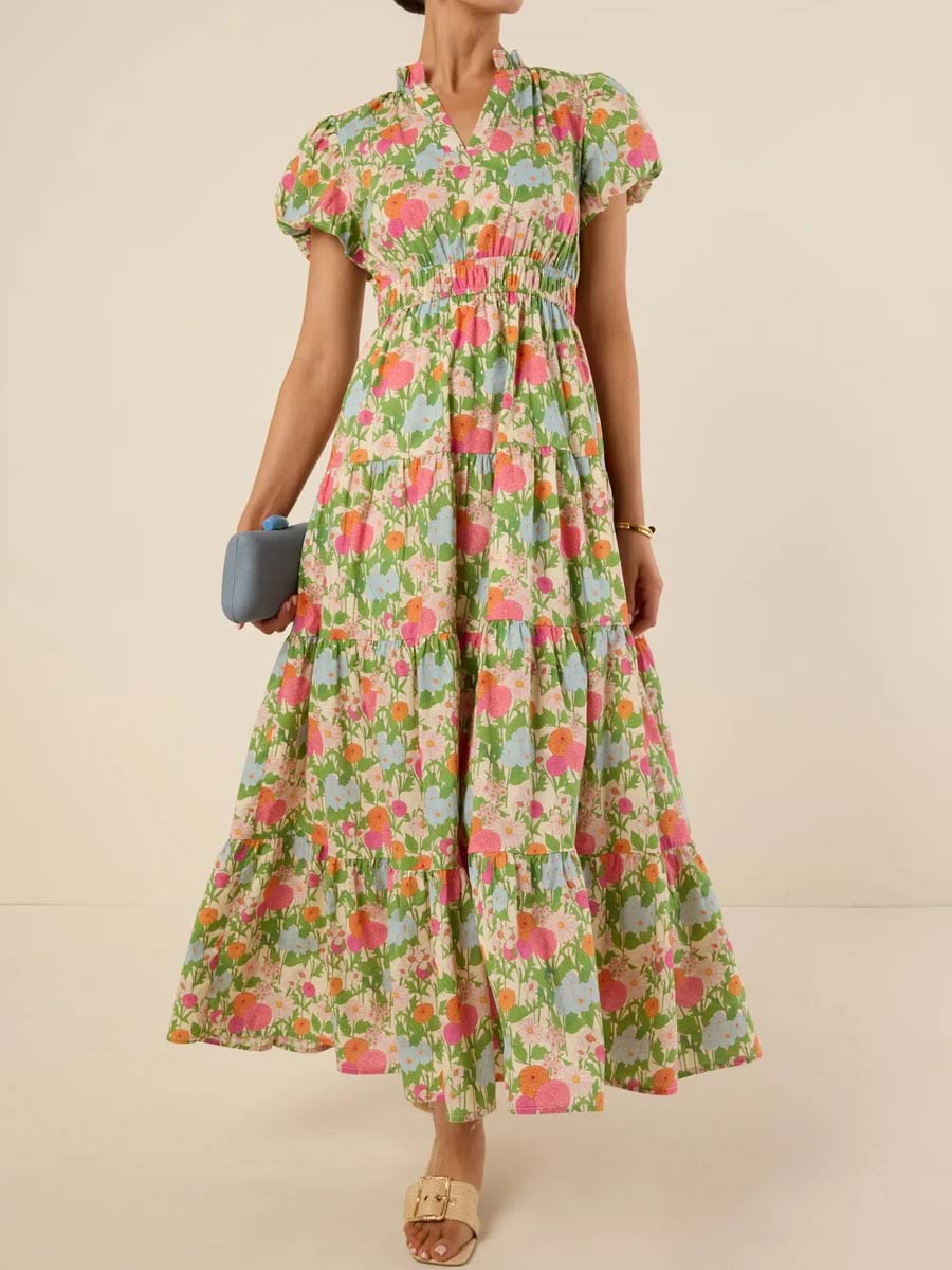 Floral Print Band Collar V-neck Elastic Waist Dress