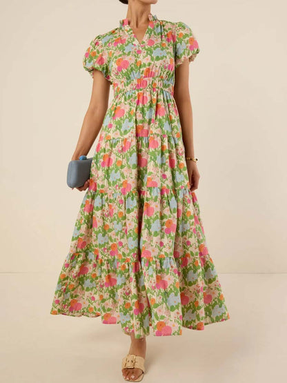 Floral Print Band Collar V-neck Elastic Waist Dress