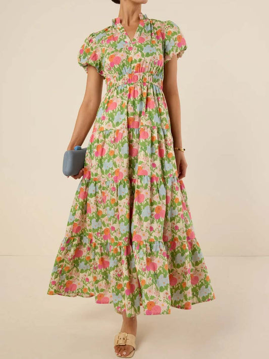 Floral Print Band Collar V-neck Elastic Waist Dress