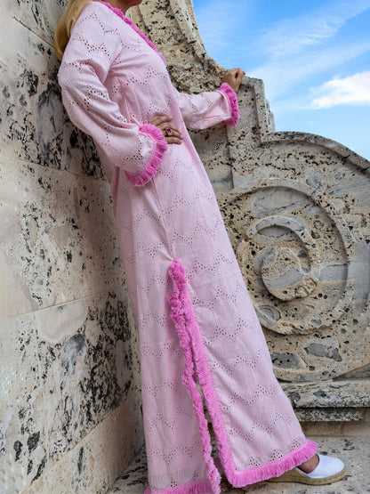 Fringed Trim Eyelet Detailing Silt Hem Maxi Dress