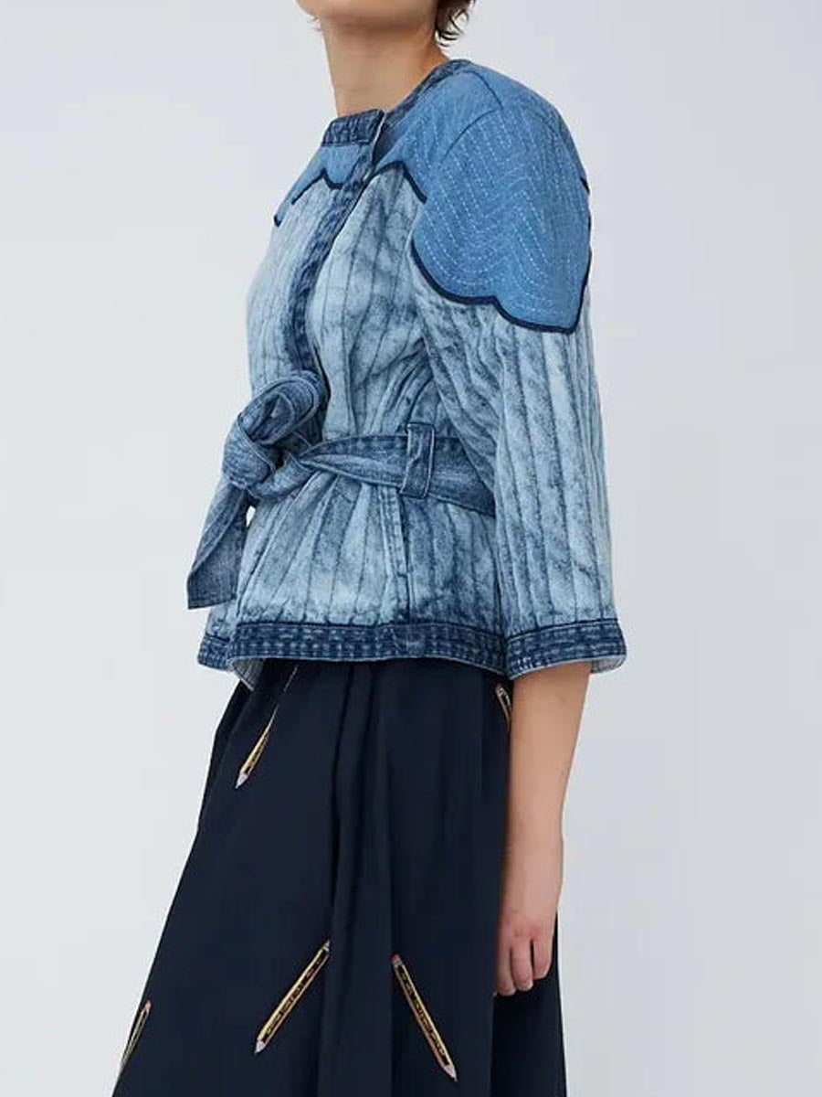 Washed Denim 3/4-length Sleeves Belted Jacket