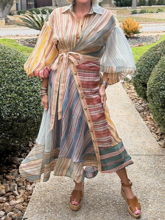 Fashion Striped Print Puff Sleeves Wrapped Maxi Dress