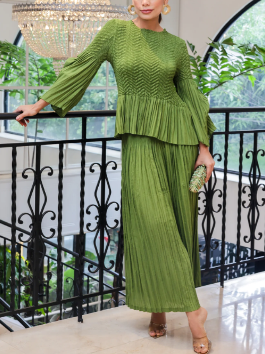 Pleated Stretchy Fabric Pants Set