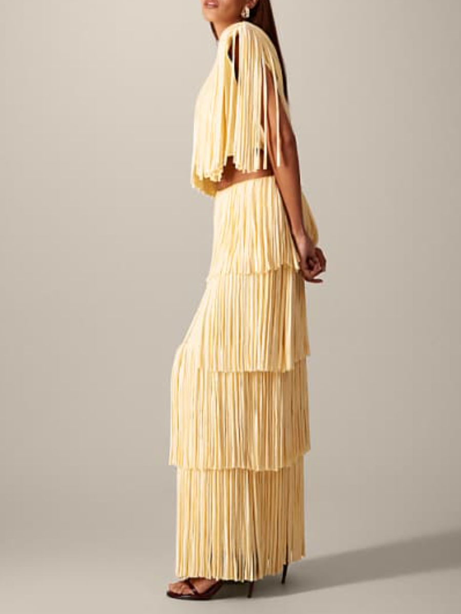 Cream Yellow Tassel Layered Dress Set
