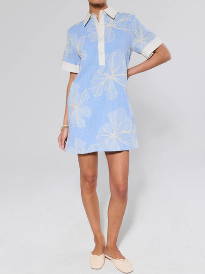 Floral Embroidered Spread Collar Short Sleeve Mini Dress