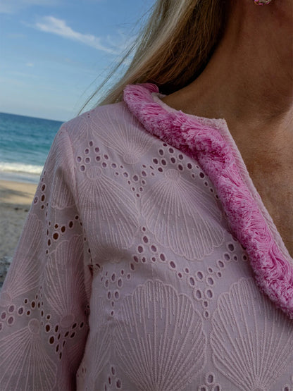 Fringed Trim Eyelet Detailing Silt Hem Maxi Dress