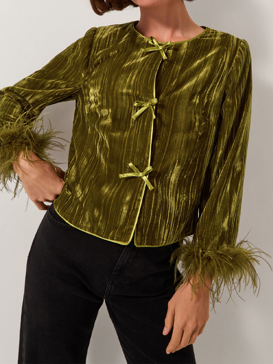 Feather Cuff Velvet Two Piecees Set