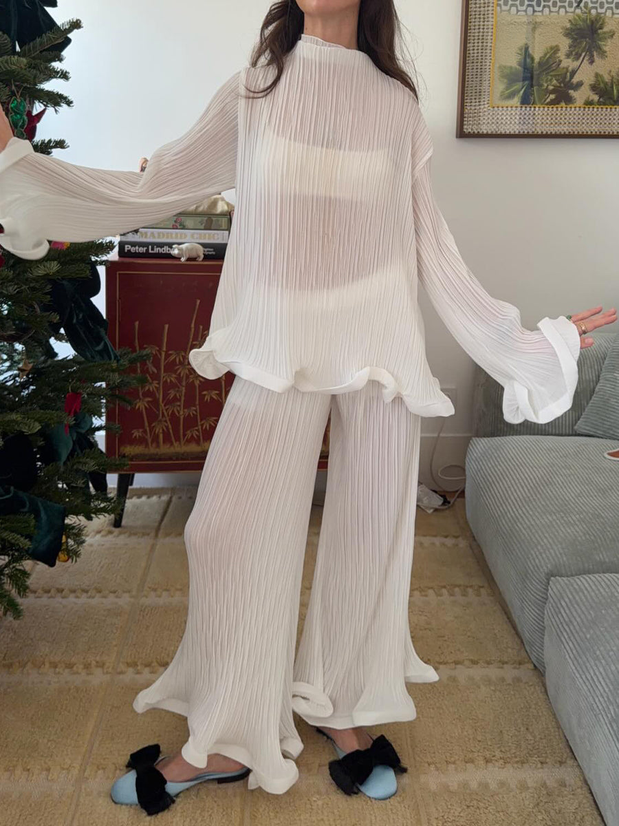 Elegant Pleated Flared Tirm Two Pieces Set