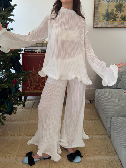 Elegant Pleated Flared Tirm Two Pieces Set