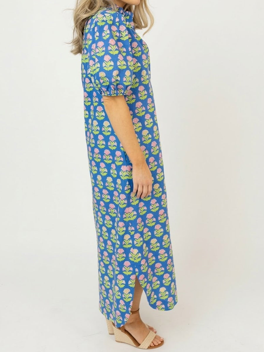 Floral Print Ruffled Neck Short Puff Sleeves Maxi Dress