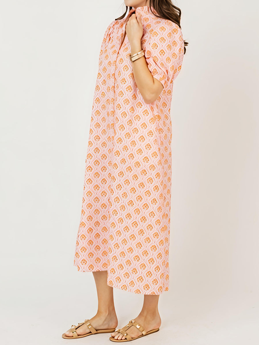 Printed Ruffle Collar Puff Sleeve Maxi Dress