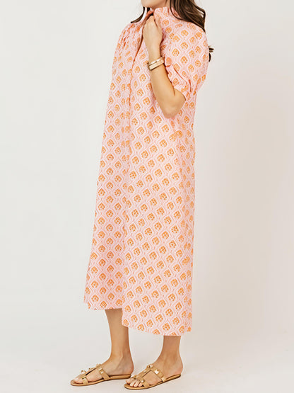 Printed Ruffle Collar Puff Sleeve Maxi Dress