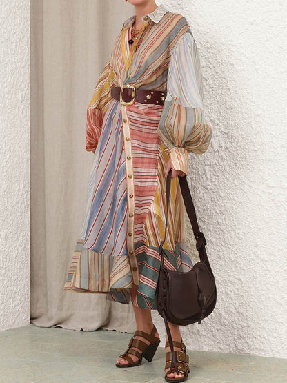 Fashion Striped Print Puff Sleeves Wrapped Maxi Dress