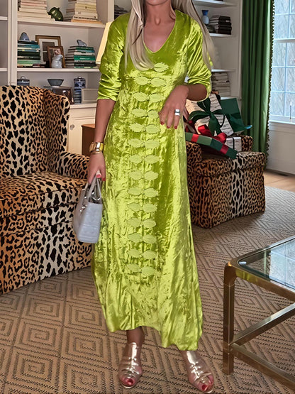 Embroidered V Neck Elegant Velvet Dress
