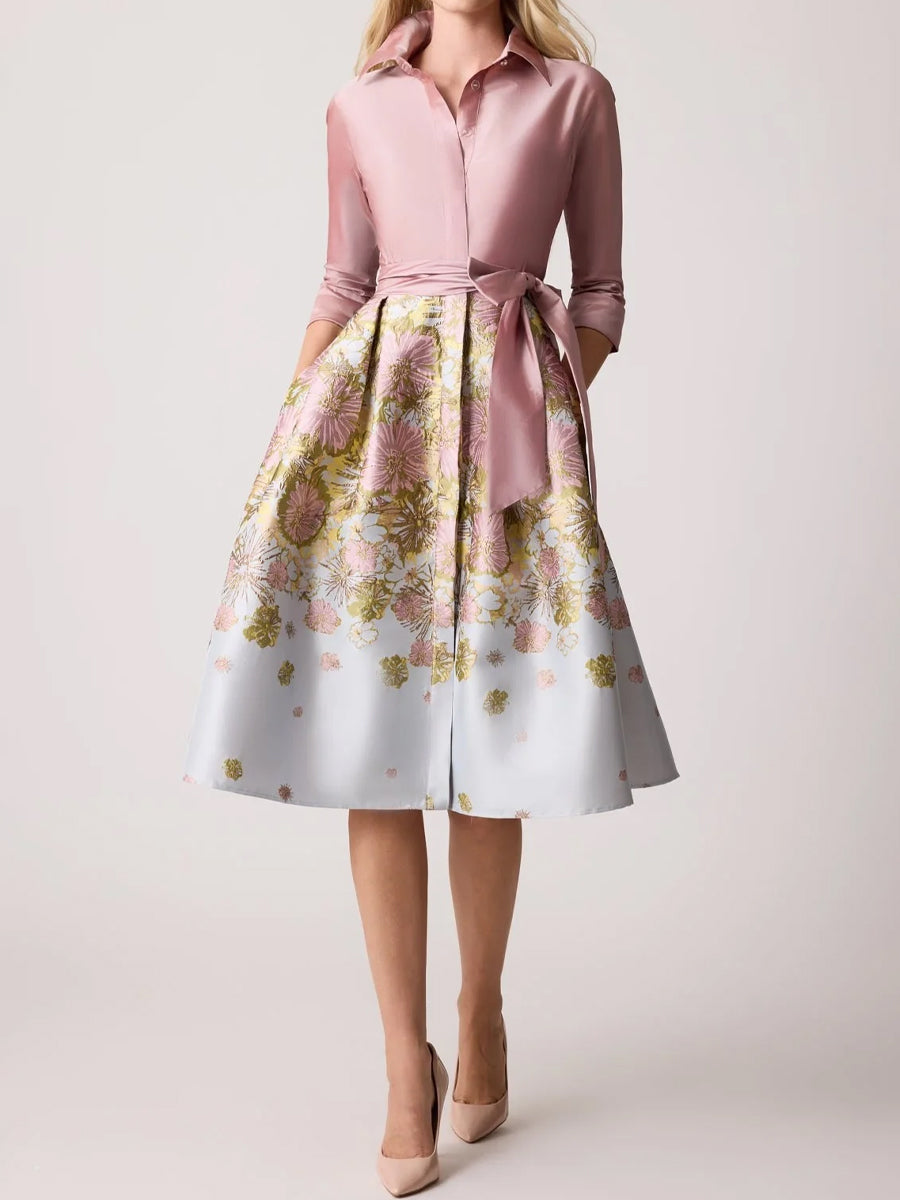 Floral Print Jacquard 3/4 Sleeves Shirt Dress
