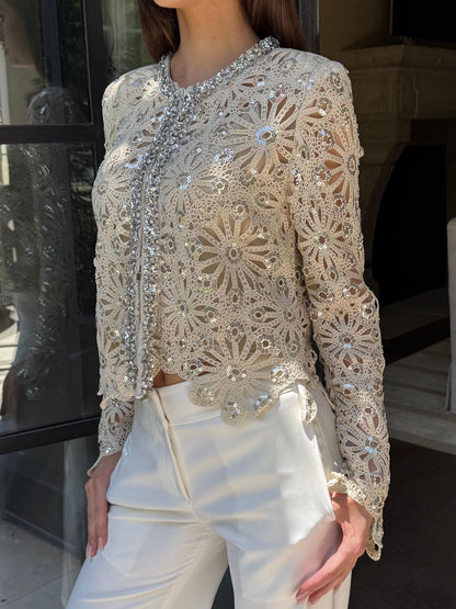 Rhinestone Sequin Adorned Crochet Lace Cardigan