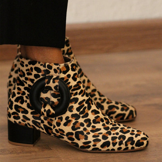 Circle & Rectangular Motifs Thick Heel Boots