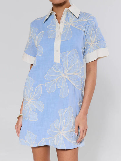 Floral Embroidered Spread Collar Short Sleeve Mini Dress