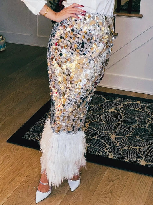 Faux Fur Hem Sequined Midi Skirt