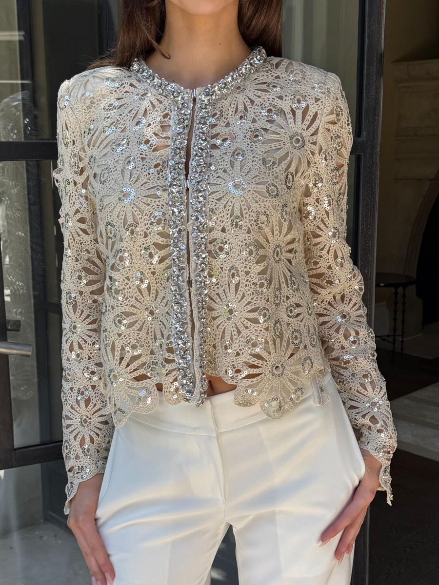 Rhinestone Sequin Adorned Crochet Lace Cardigan