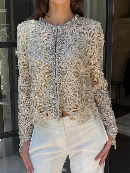Rhinestone Sequin Adorned Crochet Lace Cardigan