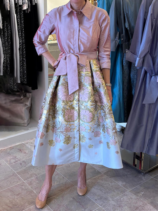 Floral Print Jacquard 3/4 Sleeves Shirt Dress