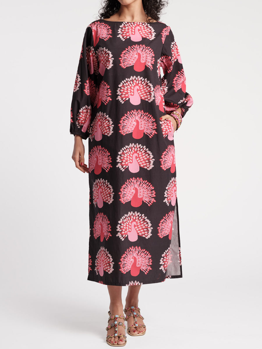 Printed Puff Sleeves Loose-fitting Maxi Dress