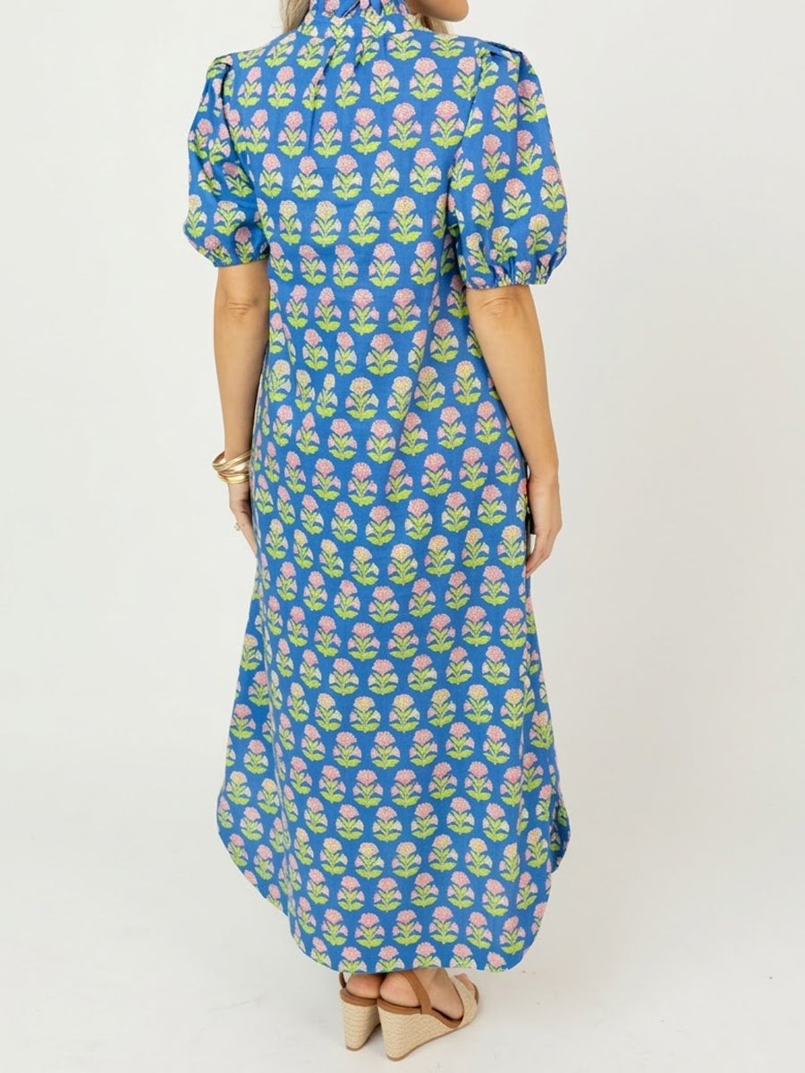 Floral Print Ruffled Neck Short Puff Sleeves Maxi Dress