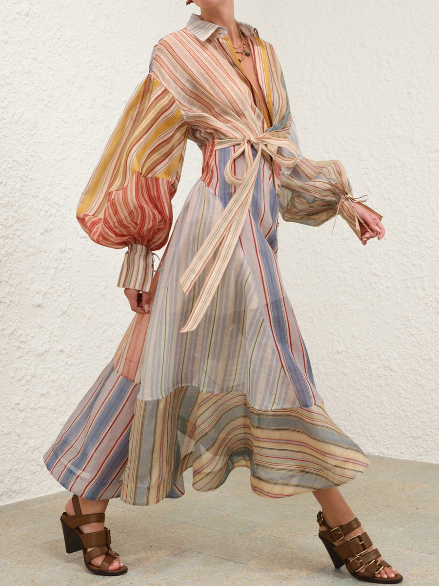 Fashion Striped Print Puff Sleeves Wrapped Maxi Dress