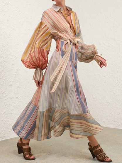 Fashion Striped Print Puff Sleeves Wrapped Maxi Dress