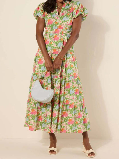 Floral Print Band Collar V-neck Elastic Waist Dress