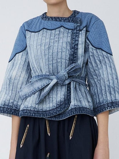 Washed Denim 3/4-length Sleeves Belted Jacket