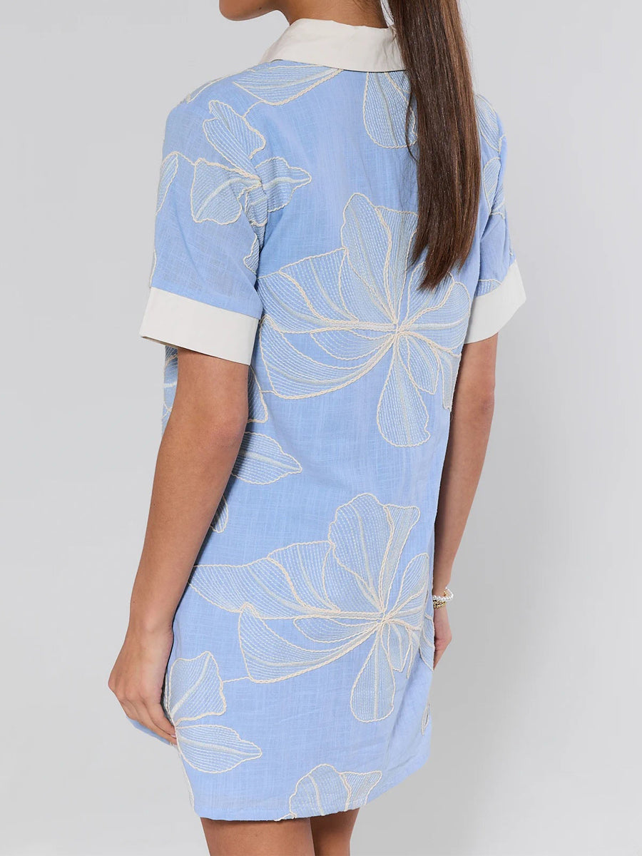 Floral Embroidered Spread Collar Short Sleeve Mini Dress