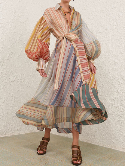 Fashion Striped Print Puff Sleeves Wrapped Maxi Dress