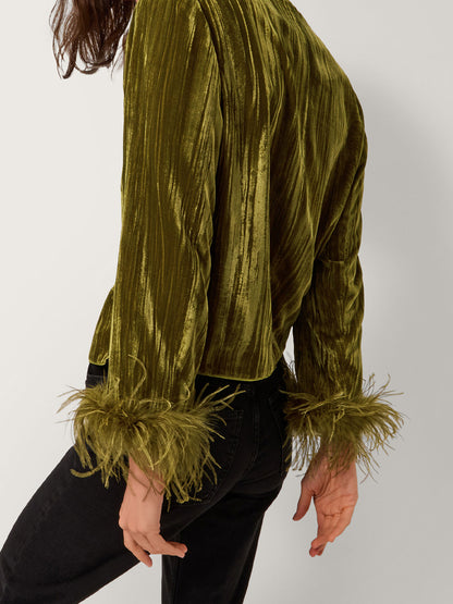 Feather Cuff Velvet Two Piecees Set