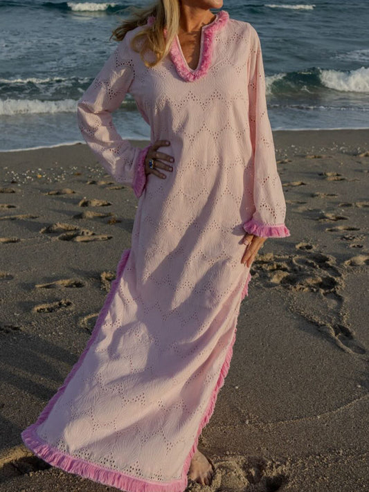 Fringed Trim Eyelet Detailing Silt Hem Maxi Dress