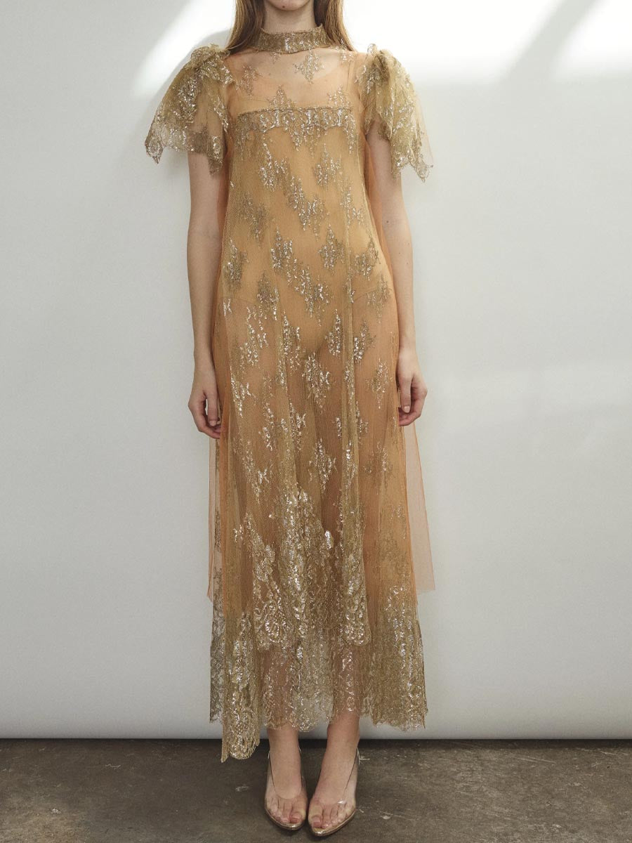 Mock Neck Cap Sleeve Lace Maxi Dress