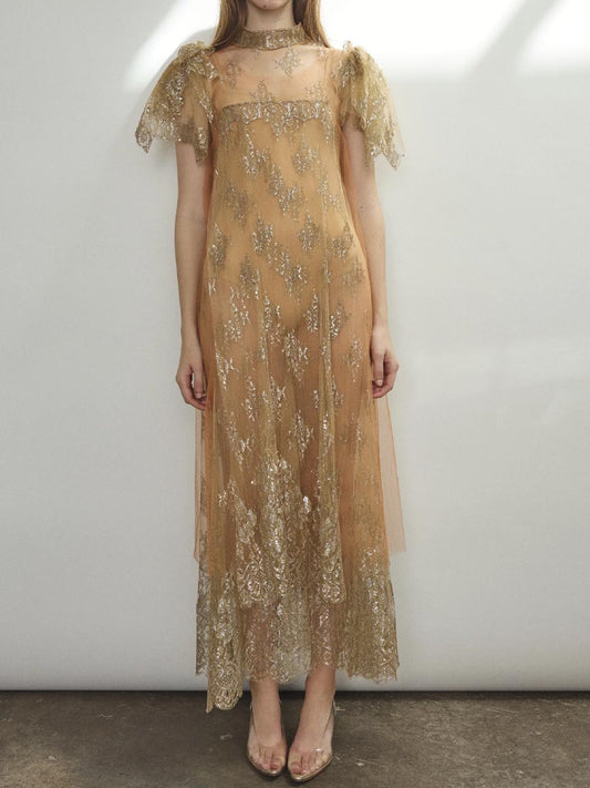 Mock Neck Cap Sleeve Lace Maxi Dress