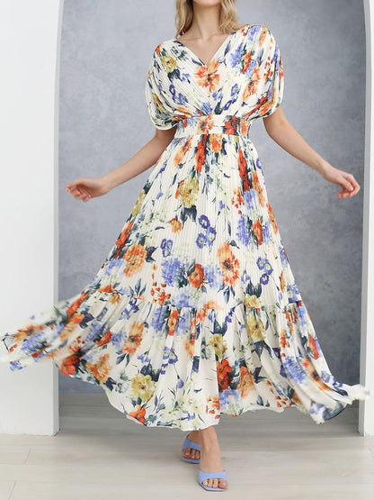 Fashion V-Neck Printed Elastic Waist Pleated Vacation Dress