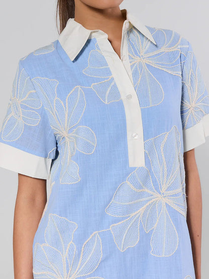 Floral Embroidered Spread Collar Short Sleeve Mini Dress