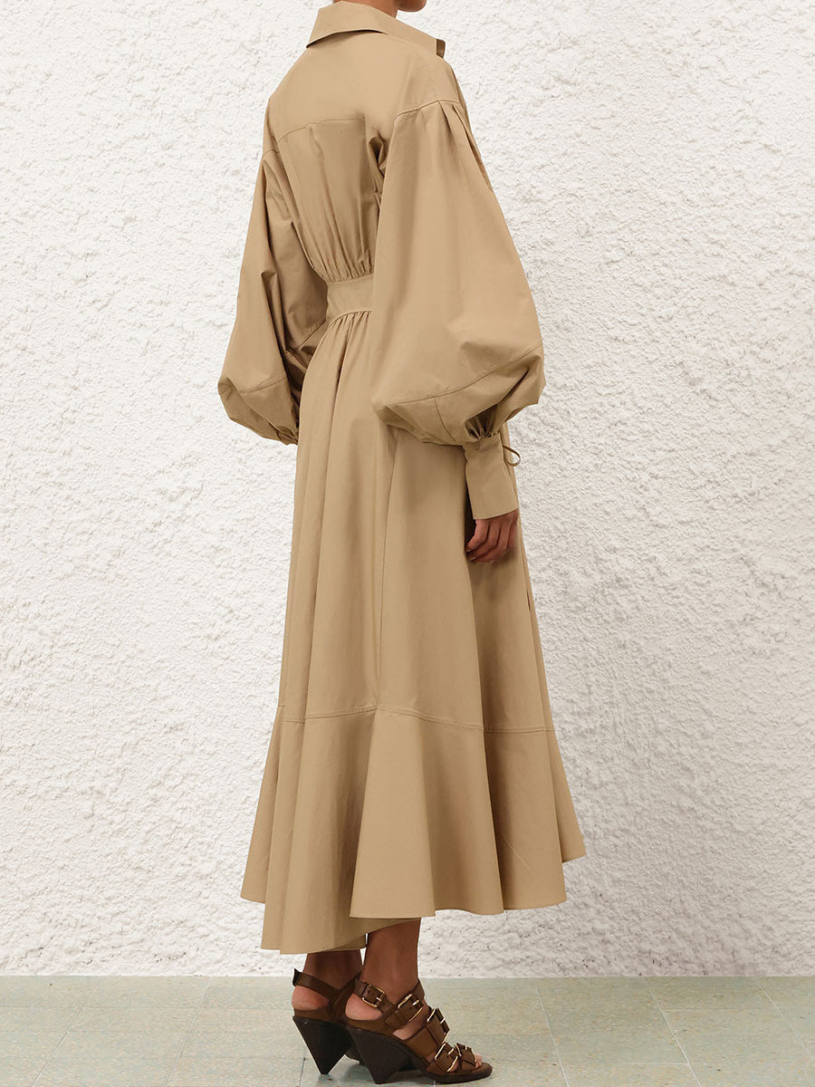 Asymmetrical Hem Blouson Sleeves Wrap Dress
