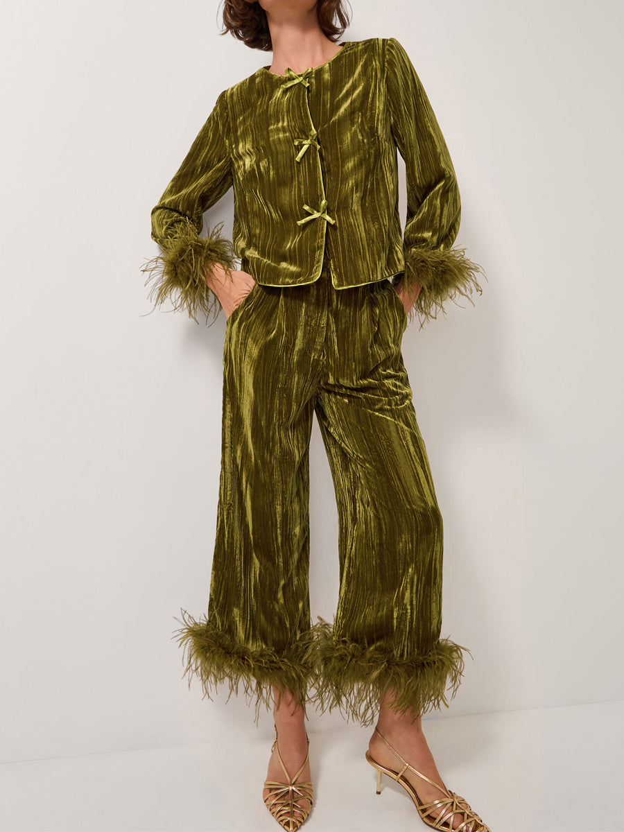 Feather Cuff Velvet Two Piecees Set