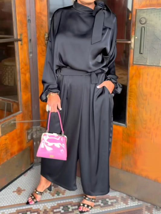 Graceful Shoulder Bow Satin Two Pieces Set