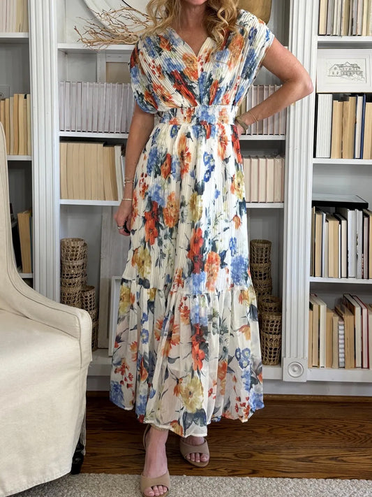 Fashion V-Neck Printed Elastic Waist Pleated Vacation Dress